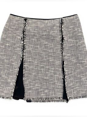White House Black Market Black White Back Zip Lined Pleated Fringe Hem Skirt